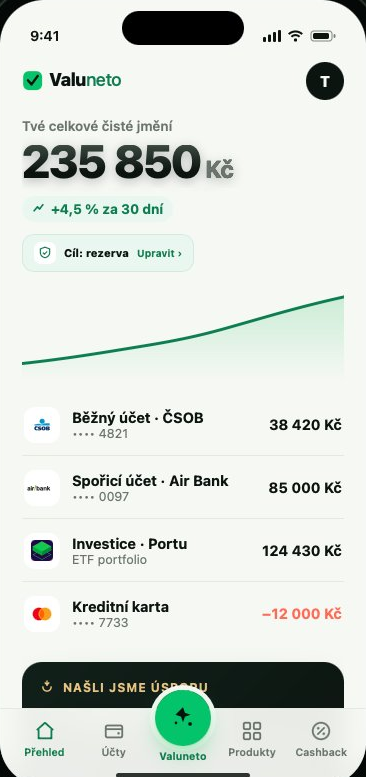 Aplikace Valuneto – přehled financí: čisté jmění 235 850 Kč a propojené účty (ČSOB, Air Bank, Portu) na jednom místě