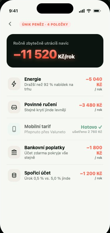 Únik peněz ve Valuneto: −11 520 Kč ročně napříč energiemi, pojištěním a poplatky